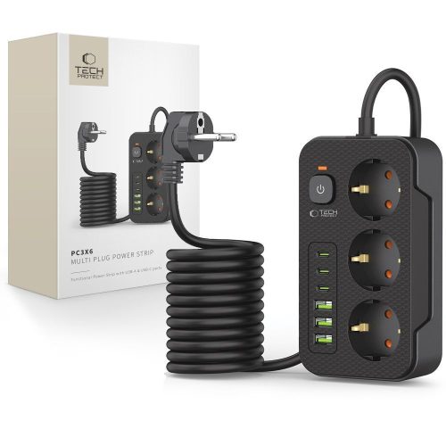 Πολύπριζο Tech-Protect 3 Θέσεων και 6 Θύρες USB/USB-C με Διακόπτη και Καλώδιο 2m - Black