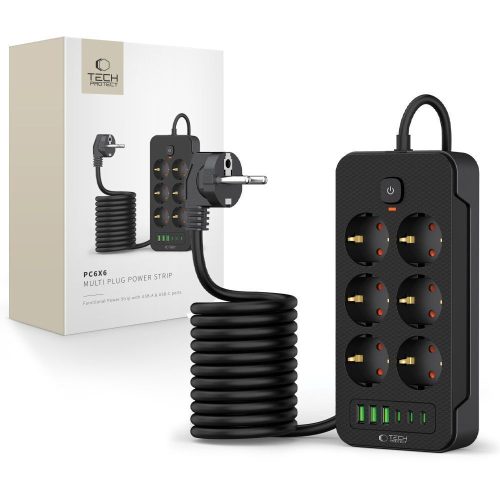Πολύπριζο Tech-Protect 6 Θέσεων και 6 Θύρες USB/USB-C με Διακόπτη και Καλώδιο 2m - Black